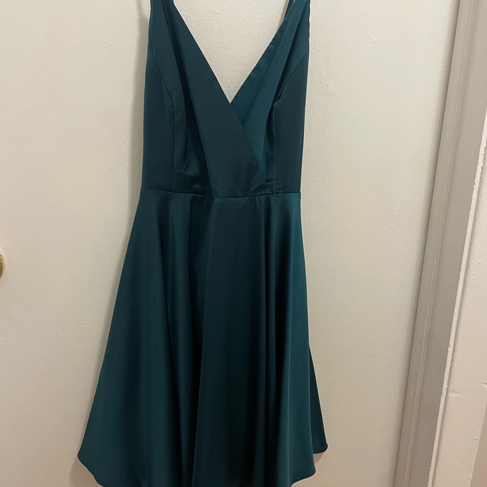 Lulus Emerald Green Satin wrap style A-Line Dress